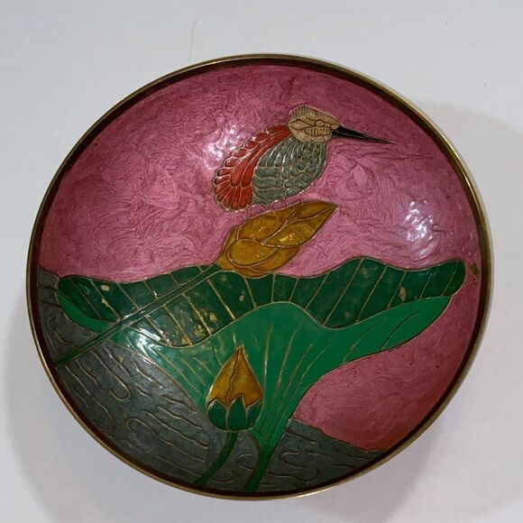 VTG,Cloisonne Brass Metal Enamel Hand Painted Hummingbird Flower Covered Bowl - Picture 14 of 15